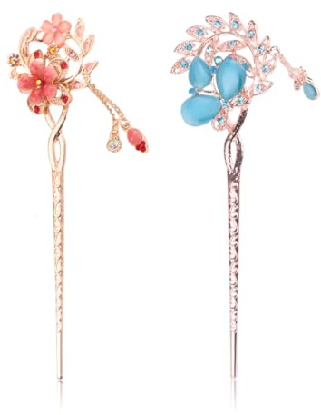 YUPZAR 2 Piezas Horquillas para el Pelo para Mujer, con Decoración de Flor de Ópalo Chino, Horquillas Chinas Vintage de Palillo con Borlas Accesorios para Rulos de Pelo Mujeres Chicas (Rosa+Azul)