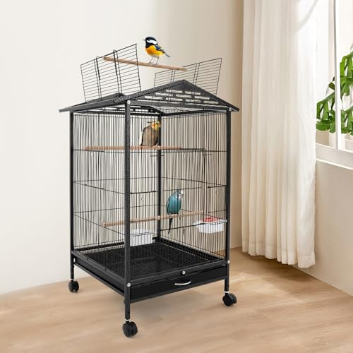 AQIFAND Großer Vogelkäfig mit Rollen, Metallkäfig für mittlere Vögel Mit Futterstation & Sitzstangen 4 Lenkrollen (2 Bremsen) 46x46x86cm Ideal für Wellensittiche & Nymphensittiche (Schwarz)