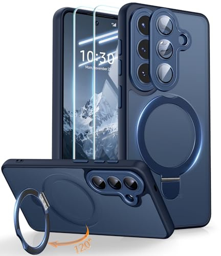JAME for Samsung Galaxy S26 Case with 2 Pack Screen Protector, Magnetic Stand, Compatible with MagSafe, Full Camera Protection, Shockproof Translucent Matte Samsung S26 Phone Case, Navy Blue