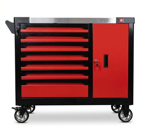 GrecoShop Carrello XXL Attrezzi Professionale Completo 7 Cassetti + 1 Armadietto, Utensili Inclusi, Chiusura a Chiave, Organizer, Ruote, Struttura Rinforzata, Carbon Look, Ideale per Garage Officina