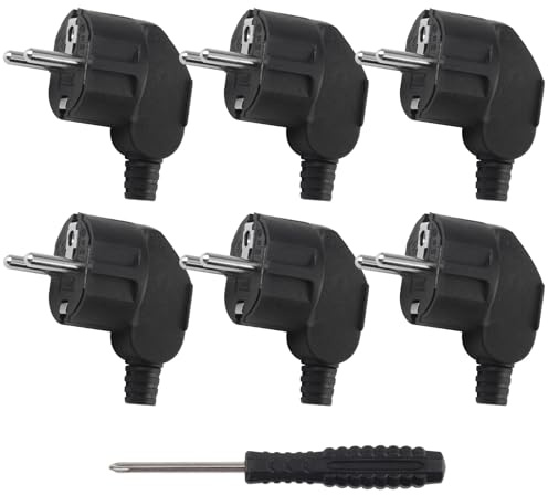 CYIOU 6 PCS Schuko Stecker Winkel 230V(16A) Flach Winkelstecker Wasserdicht | Schwarz Stromstecker mit Schraubendreher Schukostecker Abgewinkelt für 8-10mm Kabel Haushaltsgeräten Kleingeräten