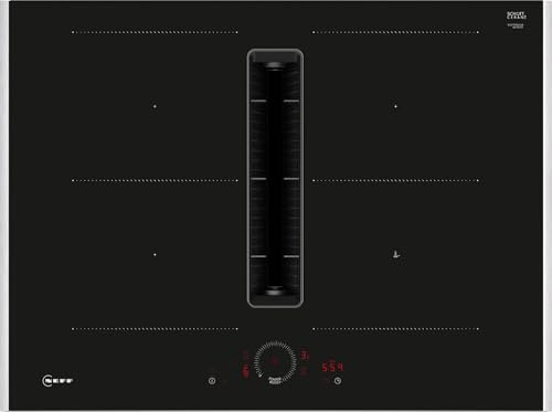 V57THQ4L0 N70 70cm Venting Induction Hob with Integrated Extractor, Twist Touch Control, Combi Zones, Stainless Steel Trim, Black Glass, Built-In Downdraft Hob