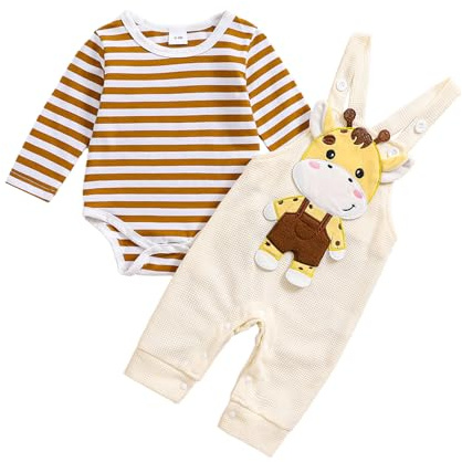 Yassiglia Infant Baby Boy Outfit, Long Sleeve Romper + Animal Embroidery Overall Set Cotton Newborn Baby Clothes 0-18 Months Gift