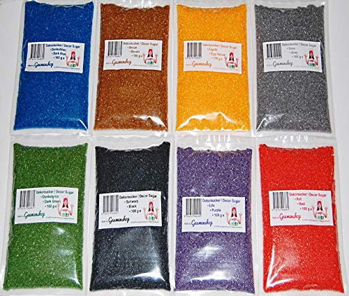 Premium Zucker 8 x 250g Dekorzucker Dunkelblau, Braun, Eigelb, Grau, Dunkelgrün, Schwarz, Lila, Rot auch für bunte Zuckerwatte