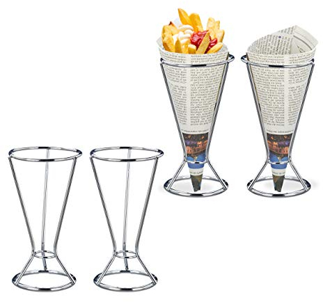 Relaxdays 4 x Pommeshalter im Set, Edelstahl, für Spitztüten mit Pommes, Chips, Gemüse, Snackhalter, HD 16 x 9,5 cm, silber