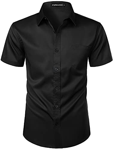 PARKLEES – Chemise décontractée à manches courtes et boutonnée pour homme avec poche, Noir , L