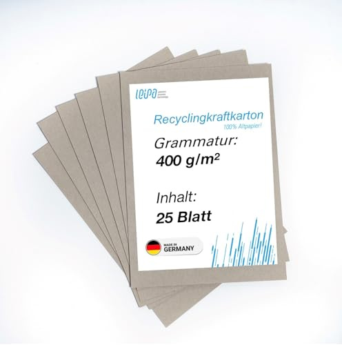 LEIPA Recyclingkraftkarton 25 Blatt Graupappe A4 Graukarton Grau Buchbinderpappe 400 g/m² für Bastelarbeiten Pappe Finnpappe Kalendergestaltung Bastelkarton Recycelte Graupappe