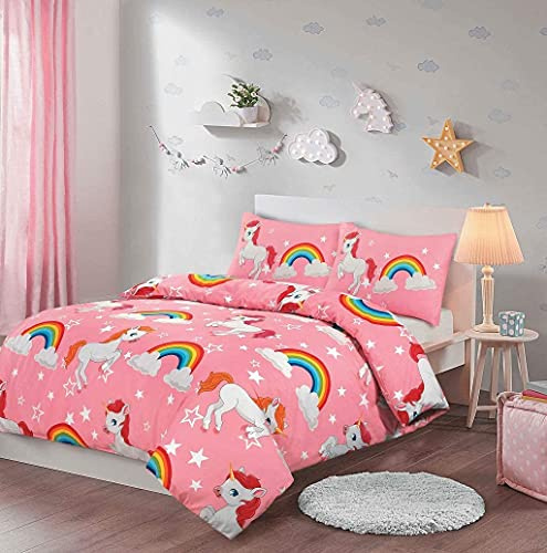 Milosc Luxury Kids Children Unicorn Duvet Cover Set Easy Care Washable Bedding Duvet Cover With Pillow Case Washable Pink Colour (Single)
