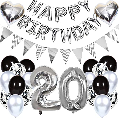 Ouceanwin Geburtstagsdeko 20 Jahre Mädchen Junge, Luftballon 20. Geburtstag Dekoration, Folienballon Zahl 20 Silber, Helium Ballon Happy Birthday Girlande für 20. Geburtstag Party Deko