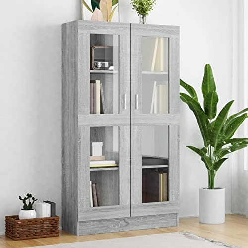 MOONAIRY Vitrinenschrank, Vitrine, Wandschrank, Schrank Regal, Glasregal, Glasvitrine Stehend, Eckvitrine, Manga Regal, Grau Sonoma 82,5x30,5x150 cm Holzwerkstoff