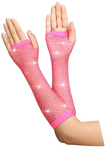 Yolev Netzhandschuhe Rose Lange Fischnetz Fingerlose Handschuhe Netzhandschuhe für Damen mit Strass Fishnet Glänzende Modische Opernhandschuhe für 80er Jahre Kostümparty Halloween Cosplay Zubehör
