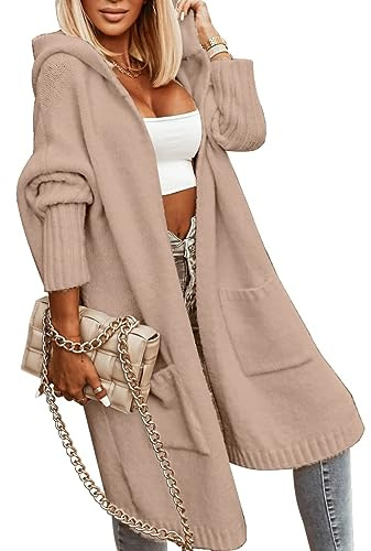 Tongmingyun Cardigan donna lungo cappuccio maglia grossa casual lavorato a maniche lunghe albicocca XL