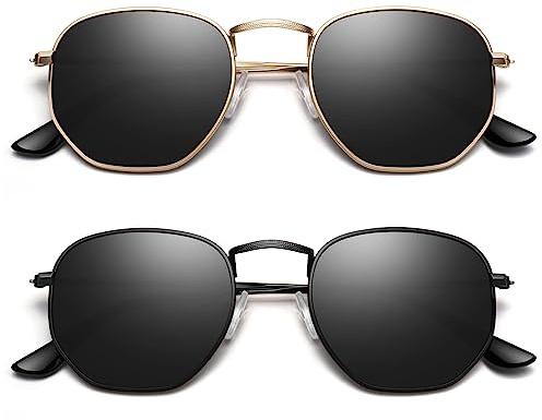Sunier Polariserade solglasögon kvinnor män, trendiga damsolglasögon, ultralätt hexagon metallram med UV400-skyddsnyanser, 2-pack – guld grå + svart grå, Medium