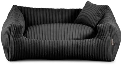 Gutekissen® Hundebett aus weichem Material, gefüllt mit Polyurethanschaumstoff, Geripptes Material, schmutzabweisend, Farb- und Größenwahl, inklusive kleines Kissen. (M - 80x65, Schwarz)