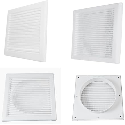 MYPURECORE Square White Ventilation Grille with Flyscreen - Round Ø 100mm – 4 inch Rear Spigot - Vent Cover for Bathroom, Kitchen, Wall, Ducting, Louvre Panel - Airflow Louvered Grill.