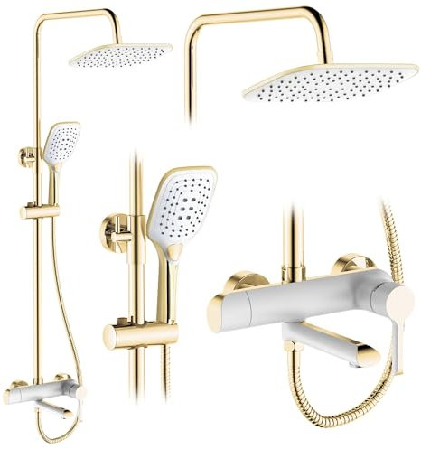 Rea Duschsystem MELIA WHITE GOLD Duschset Duscharmatur mit Duschkopf und Kopfbrause aus Messing Duschgarnitur für Badezimmer (Weiß/gold)
