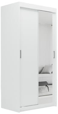 ELUKS OVI Double Sliding Doors Wardrobe with Mirror Furniture for Bedroom Living Room and Hall Wardrobe Organizer Width 100cm/120cm/150cm/180cm/200cm (White, 100cm)