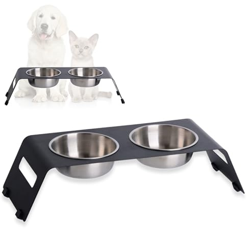 PETLINUS foderstation med upphöjda katter, ergonomisk kattskål, matskål i rostfritt stål och metall, matskål för katter och små hundar, matskål katt upphöjd – svart