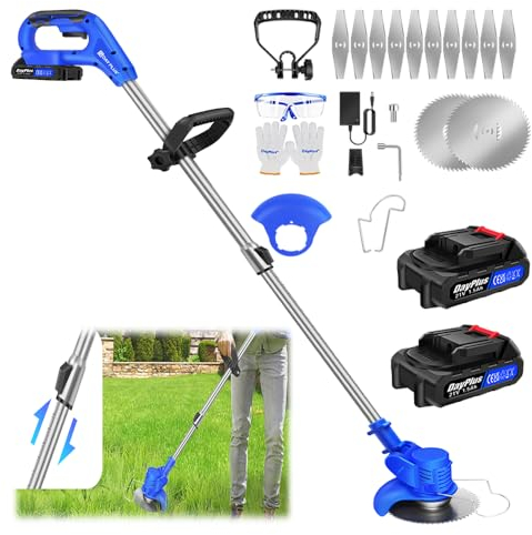 Akku-Rasentrimmer Mäher Schnurloser Rasenmäher mit 2 Batterien, Akku Motorsense Elektro-Trimmer mit 10 Metall Messer, Akku Freischneider Gartenkantenfräser Multifunktionales Handgeführter Trimmgerät