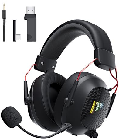 Mytrix Tac Master Casque de jeu sans fil 2,4 GHz avec microphone antibruit pour PC, PS4, PS5, Mac, Bluetooth 5.3 avec lumière RVB, son surround, batterie 48 heures Noir