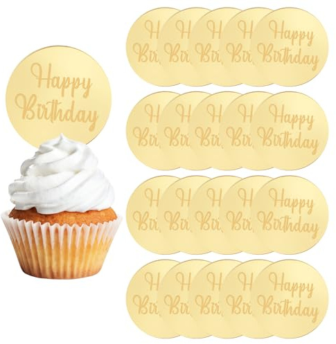 URROMA 20 adornos acrílicos dorados para cupcakes, diseño de disco para pastel de feliz cumpleaños, decoración redonda para tartas, dijes grabados para decoración de tartas de fiesta de cumpleaños