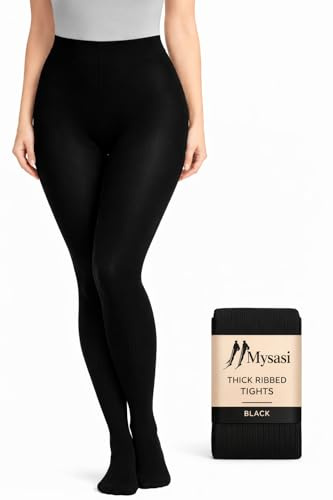 MYSASI Women’s Thick Ribbed Tights – Black Opaque Warm Winter Ribbed Tights for Women – Soft Stretch Textured Ladies Hosiery – Size M