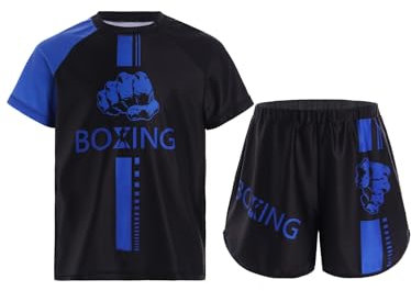 MSemis Kinder Muay Thai Kleidung Jungen Kurzarm Kickbox T-Shirt Und Kurze Hose Zweiteiliger Boxing Fitness Trainingsanzug Blau 122-128