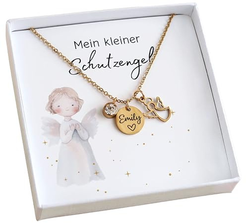 Schutzengel Kette mit Engel personalisierte Kette mit Gravur Namenskette Silber Gold Taufgeschenk Taufkette Mädchen Junge Geschenk zur Taufe Kommunion Geburt