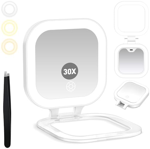 GOMIPURU Travel Mirror with Light, Compact Mirrors, 1x/30x Magnifying Mirror with 3 Color Lights and Adjustable Brightness, 4.5x3.9 inch Small Compact Hangable Hand Pocket Mirrors, Comes with Tweezer