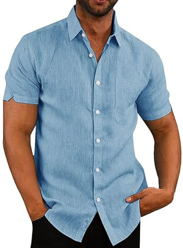 Rodawu Mens Short Sleeve Shirts Casual Linen Cotton Summer Shirt Blue L