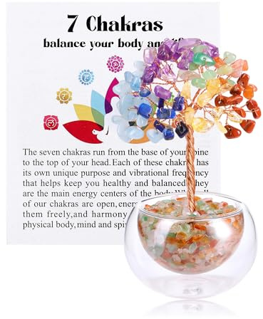 JSDDE 7 Chakra Feng Shui Baum mit Glas Basis Lebensbaum Deko Heilsteine Edelsteine Baum Geldbaum Kristallbaum Glücksbringer Spirituelle Feng Shui Deko