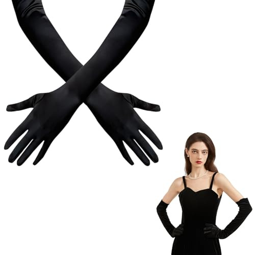 Fogcosy 1 Pairs Black Gloves Costume, Gloves Long, Elegant Women's Satin Glove, Long Opera Glove Women Formal, for 1920s Satin Wedding Bridal Princess Dress For Women