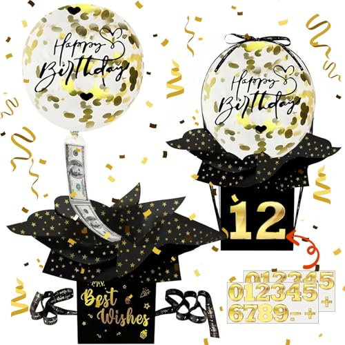 Forbabe Geldgeschenke Geburtstag DIY Überraschungsbox Geldgeschenke Verpackung Luftballon Pull Up Geburtstag Geldgeschenk Surprise Box Pull Geld Ballon Box für Geldgeschenke Schwarz