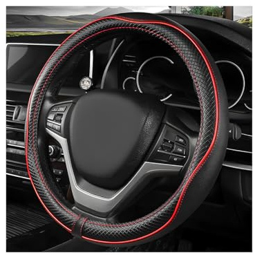 ZNDAW Car Steering Wheel Cover, 15 Inch Anti-Slip Breathable Leather Auto Steering Wheel Protector, Full Surround Soft Steering Wheel Cover for Men Women, Car Interior Accessories (Black & Red)