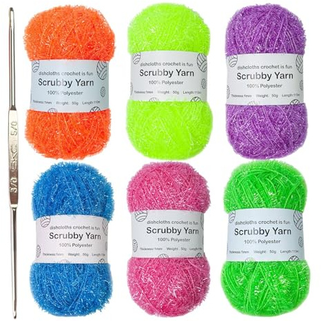 6 Rolls Sparkles Scrubby Yarn - Glitter Yarn for Crochet, Scrubby Polyester DishclothYarn, Rainbow SparklyYarn, for Crocheting Knitting Dishcloths Washcloths Home Decor Craft Projects