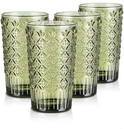 Joeyan 400ml Vasos de Cristal agua Colores,Juego de 4 Verde Vasos Altos de Vidrio con Relieve Cuadros de Caramelo,Modernos Cristalería para Refrescos,Café,Té,Cerveza,Leche,Cócteles,Apto Lavavajillas