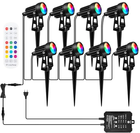 COOLWEST RGB Gartenstrahler mit Fernbedienung und Lichtsensor, 20M/8er Set Strahler IP65 Wasserdichte Gartenbeleuchtung mit Strom, 24V gartenleuchten mit Timer für Garten, Bäume, Wege, Dimmbar