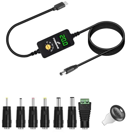 F FOREEMME USB C to DC Adapter,Barrel PD Trigger Cable(4.74ft) with LED Display,Type-C to DC Power Cable Output Adjustable Voltage 5V-9V-12V-15V-20V PD Fast Charging Cable