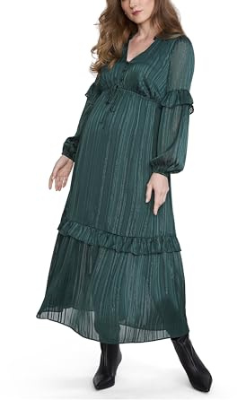 Motherhood Maternity Women's Long Sleeve V-Neck Tiered Maxi Pregnancy Dress with Drawstring, Forest Biome, Large