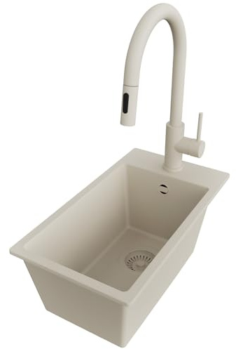PRIMAGRAN Fregadero Granito al Mueble 30cm + Grifo, 28x50cm | Set: Grifo BW9010 + Kit de desagüe (sifón, válvula, rebosadero) + Riga 1 Seno para Cocina, Todo Beige