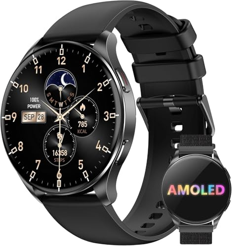 IOWODO Smartwatch Damen Herren 2026 (Rund 1.43 AMOLED) | Bluetooth Anrufe + 380mAh Akku (7 Tage) | 2 Armbänder | IP68 Wasserdicht | 100+ Sportmodi | 24/7 Puls+SpO2+Schlafanalyse | iOS/Android