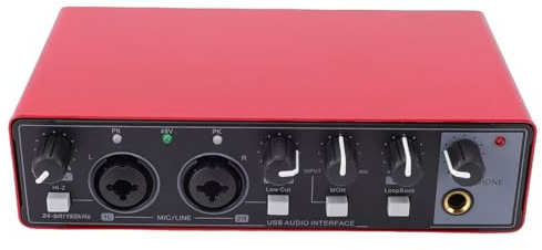 Depisuta USB C Audio Interface, 24 Bit 192kHz Dual TS XLR Input Microphone Preamp Portable Sound Card +48V Phantoms Power Plug and Play Ultra Low Latency for PC Guitar Recording (Red)