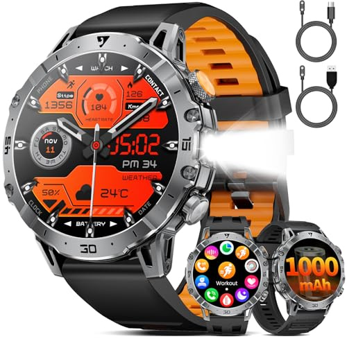 SUNKTA Military Smart Watch Men 1000 mAh Large Battery 1.7 HD Bluetooth Smartwatch for iOS Android with LED Flashlight Fitness Tracker,Heart Rate/Sleep Monitor/Pedometer,3 Straps, 2 Chargers,Black