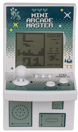 Mini Arcade Master Console Portatile con 26 Giochi, 99 Livelli, 9 x 15 cm, Alimentazione 2 Batterie AA, Colori Assortiti, Confezione Regalo (bianco)
