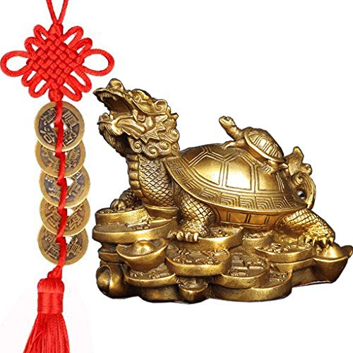 Nvzi Statua di tartaruga drago Feng Shui in ottone con 5 monete fortunate su corda rossa, 6 x 3,5 x 4,5 cm, statuetta ricchezza e protezione, miglior regalo di inaugurazione della casa e di