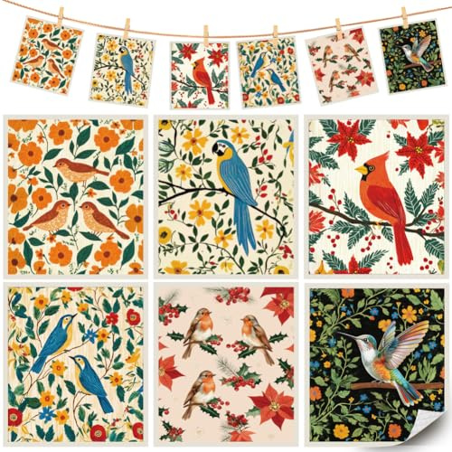 Pressinart 6-pack svenska diskdukar med fåglar för köket 19,6 x 17,3 cm, blommig disktrasa återanvändbar snabbtorkande svamp tvättbar absorberande handduk för rengöring av diskbänken Köksredskap