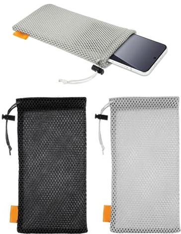 JEXOWIQ Set di 2 Sacchetto in Rete con Cordoncino, Piccola Custodia Spessa con Cordoncino in Poliestere, Pratica Custodia in Rete per Smartphone, Powerbank, Cuffie, Chiavi, Grigio/Nero