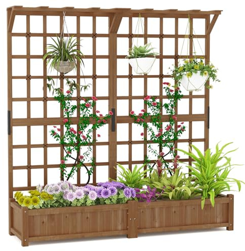COSTWAY Fioriera in Legno con Traliccoio, Letto da Giardino con Grigliato, Tetto Appeso, 2 Scatole per Piante, 4 Fori di Drenaggio, Aiuola da Giardino Elevata per Piante Rampicanti (Marrone)