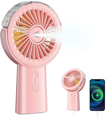Handventilator Akku Aufladbar mit Wasserkühlung, Tragbarer Mini Ventilator | 6000mAh Ventilatoren Leise Klein mit 4–18 Laufzeit, Portable USB Hand Fan mit 3 Gänge für Sommer, Reise, Outdoor, Rosa