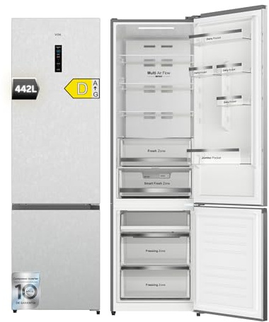 VOK Frigorífico Combi No Frost 442L en 198.5cm - Clase D, Compresor Inverter 37dB 224kWh, Smart Fresh Zone, Display en Puerta, Inox EVR-442NDICP